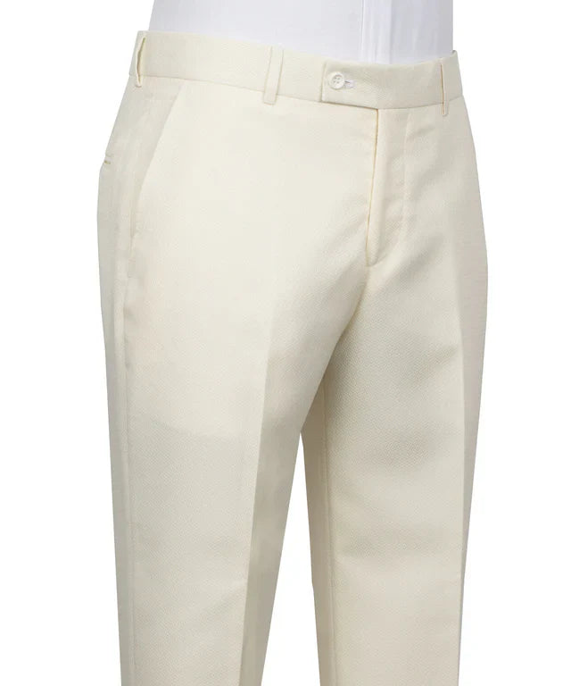 KOSS ATELIER cream double breasted tuxedo trousers with flat front belt loops and tailored crease for formal events