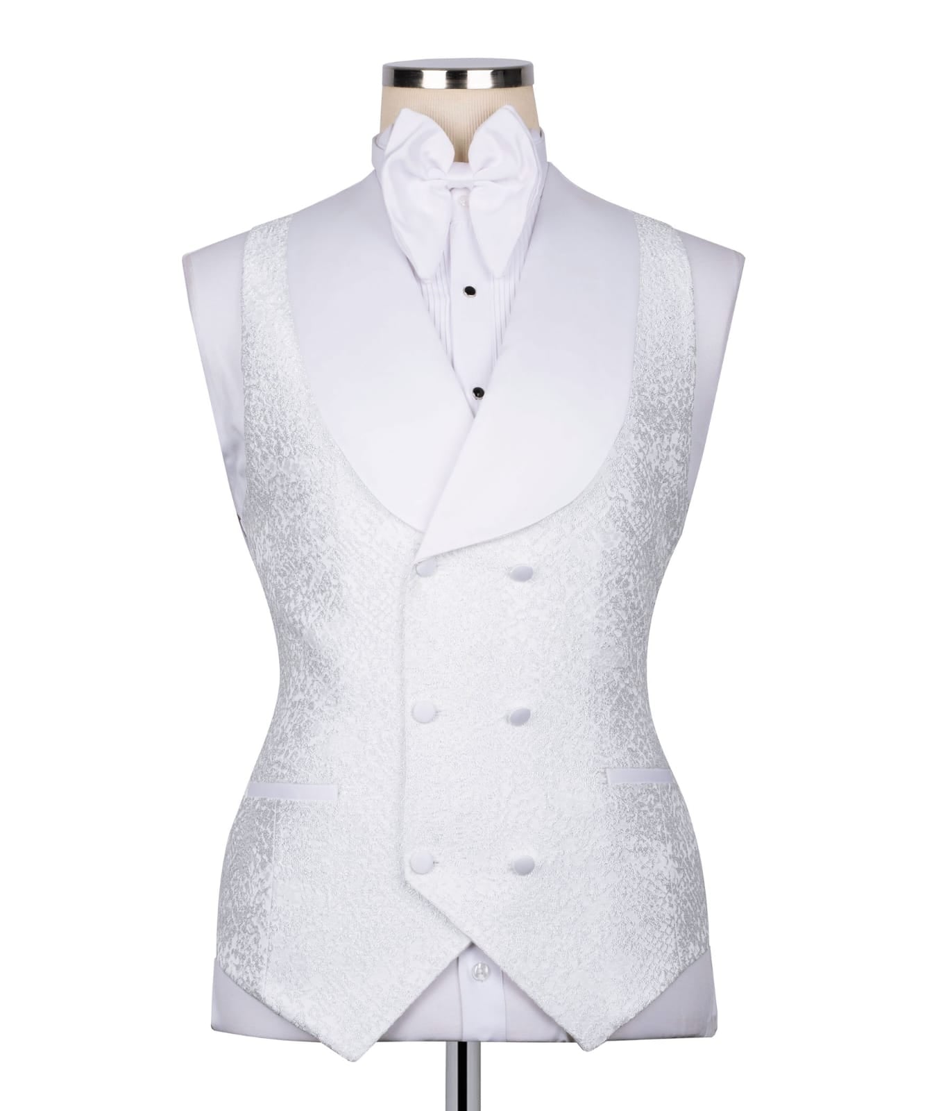 KOSS ATELIER white textured tuxedo for men double breasted vest with shawl lapel and bow tie