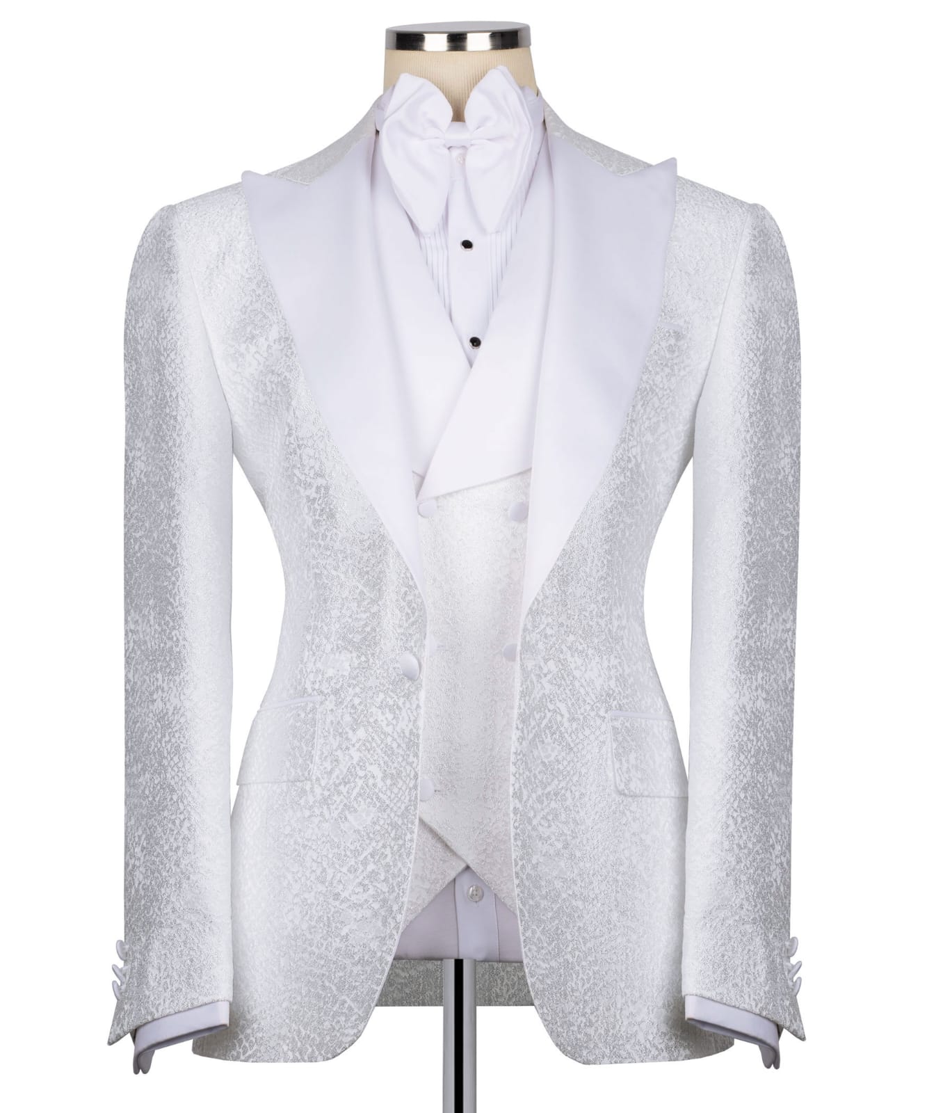 KOSS ATELIER white textured tuxedo for men on mannequin with shawl lapel vest and bow tie