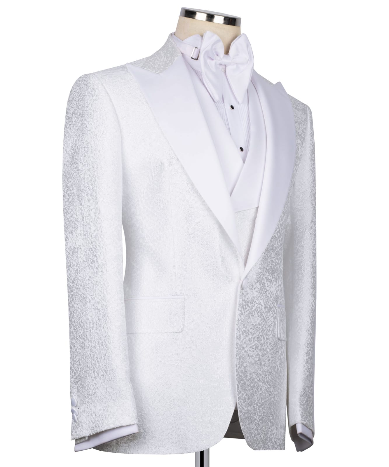 KOSS ATELIER white textured tuxedo for men with satin shawl lapel single button jacket and bow tie