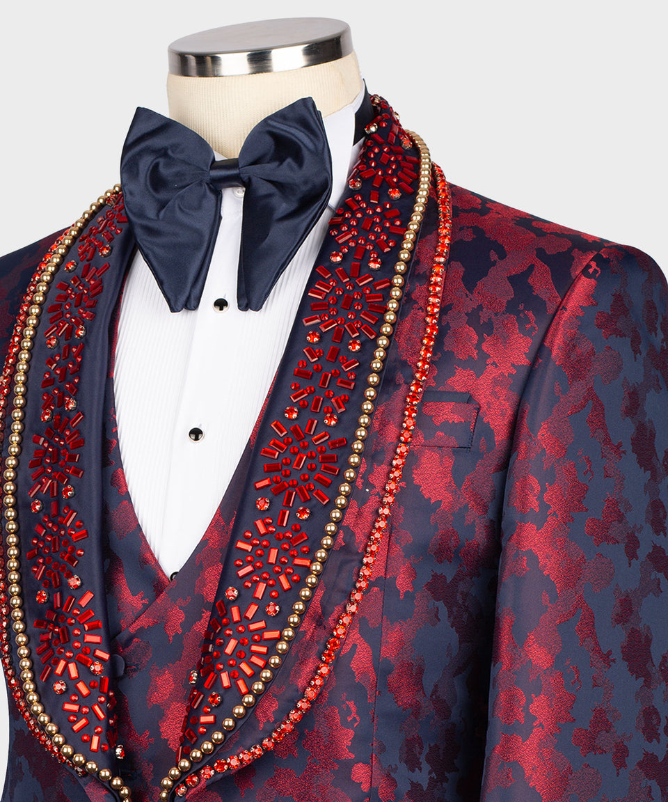 KOSS ATELIER handmade red leopard tuxedo jacket with beaded shawl lapel navy bow tie and vest