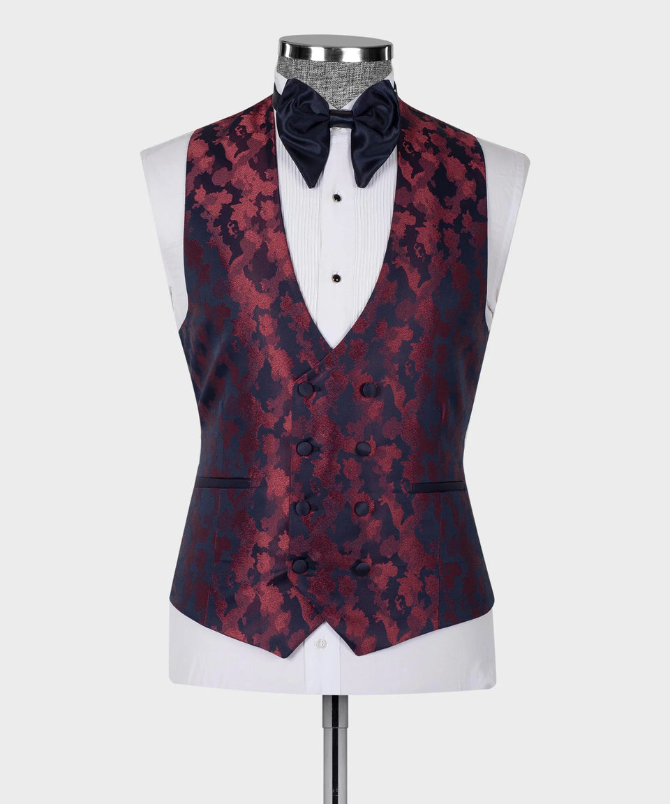 KOSS ATELIER handmade red leopard tuxedo waistcoat in burgundy and navy jacquard with navy bow tie