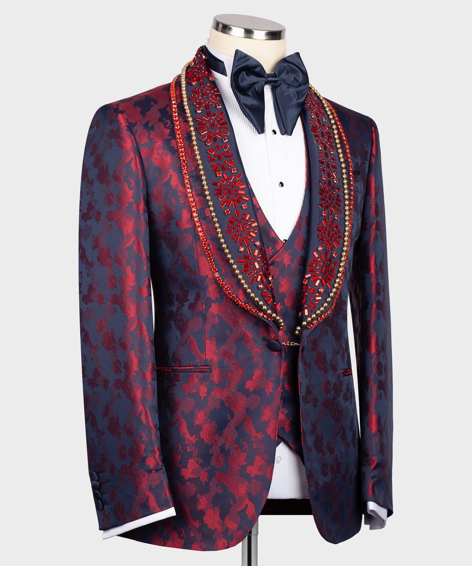KOSS ATELIER handmade red leopard tuxedo with embellished beaded shawl lapel and navy bow tie on mannequin