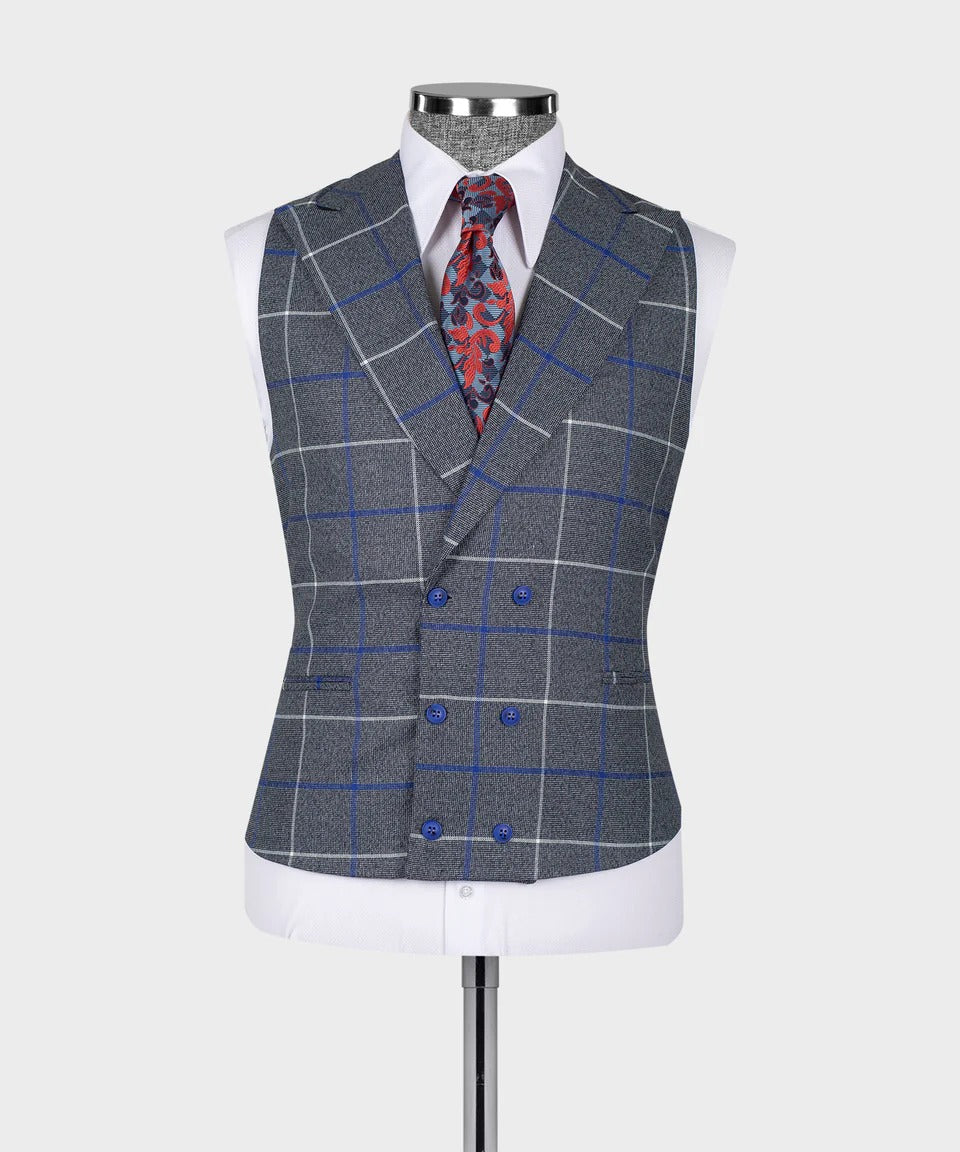 KOSS ATELIER grey and blue windowpane 3-piece suit double-breasted vest on mannequin with white shirt and red paisley tie