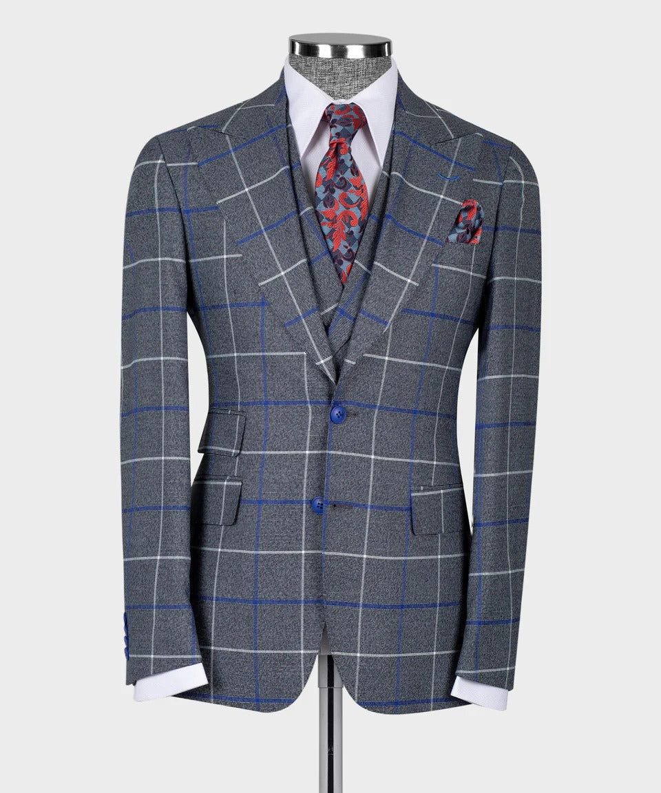 KOSS ATELIER grey and blue windowpane 3-piece suit on mannequin with white shirt red patterned tie and pocket square