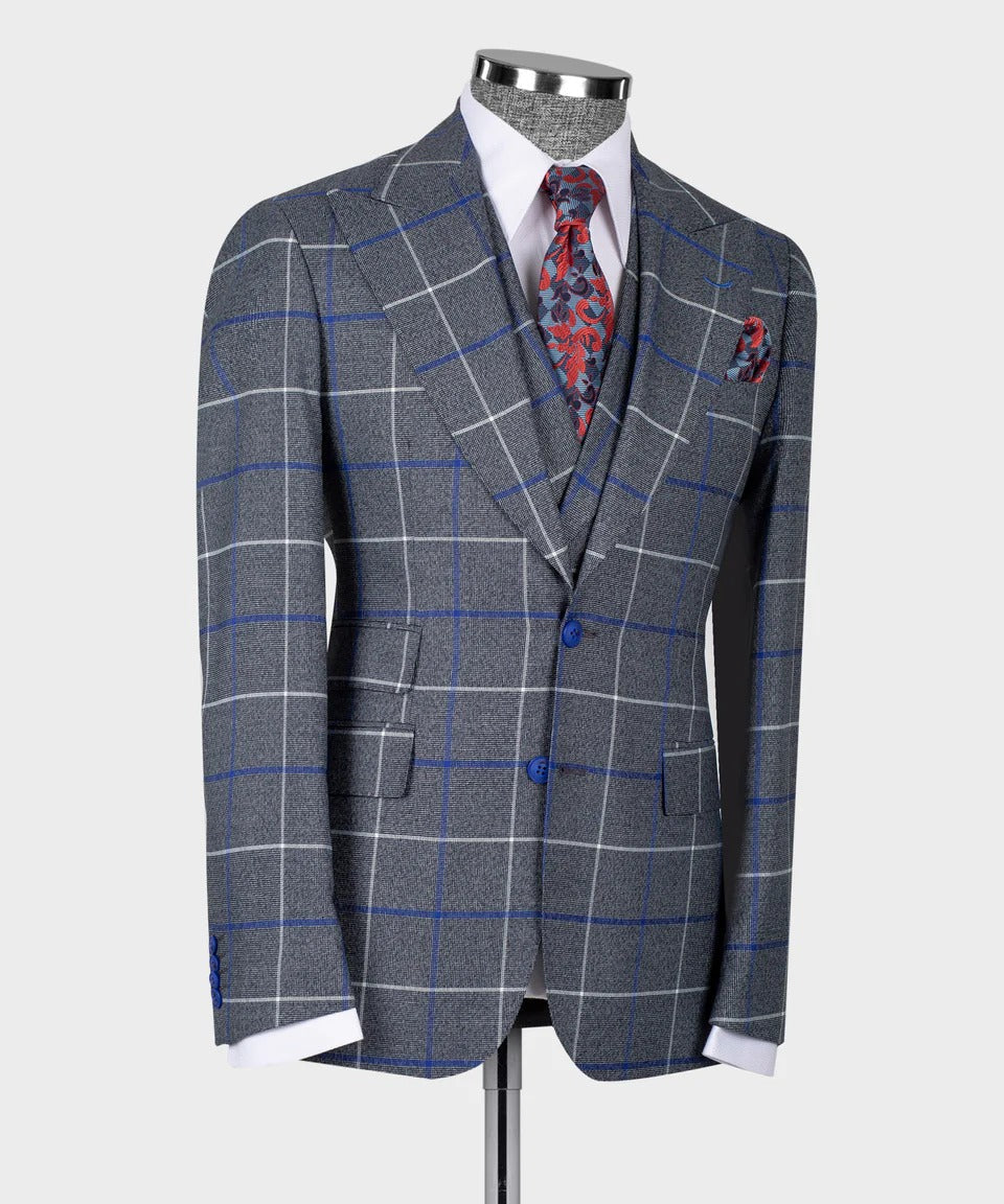 KOSS ATELIER grey and blue windowpane 3-piece suit on mannequin with white shirt red paisley tie and pocket square
