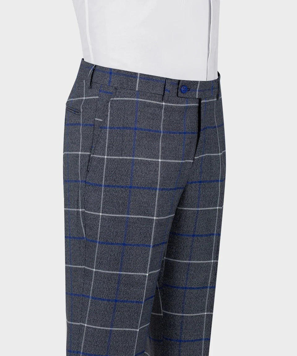 KOSS ATELIER grey and blue windowpane 3-piece suit tailored trousers on mannequin with white shirt and suspenders