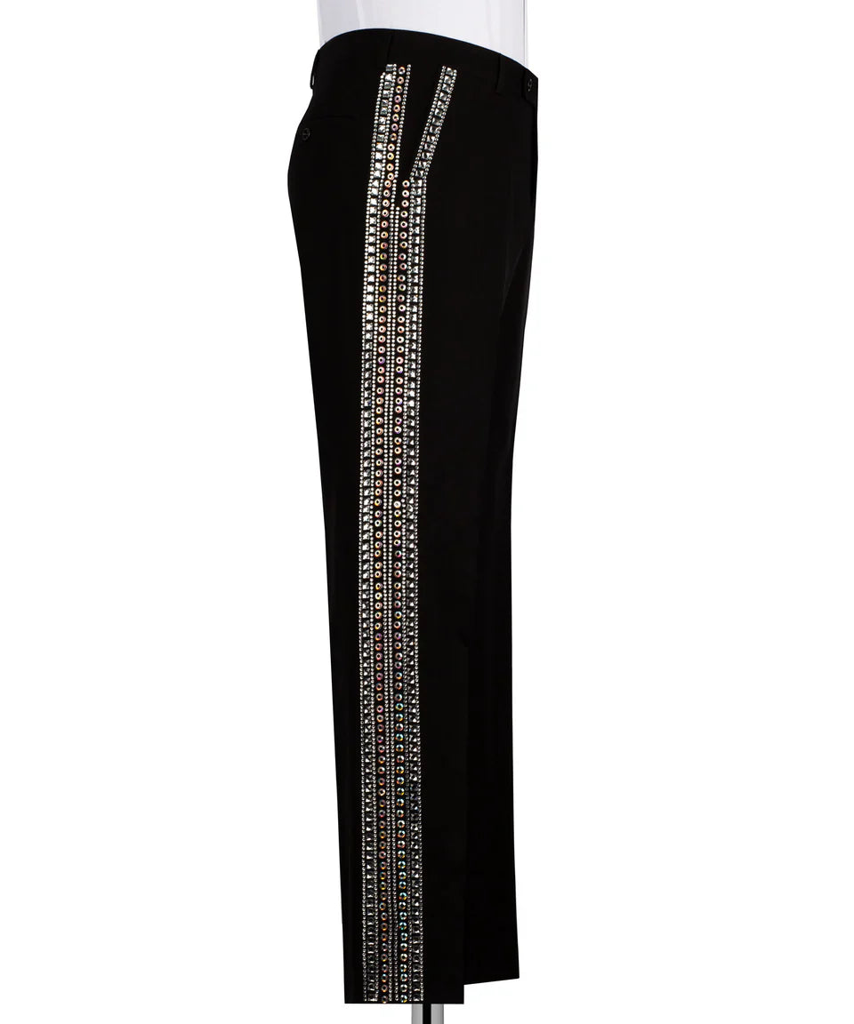 KOSS ATELIER black tuxedo pants with crystal embellished side stripe handmade silver tuxedo for men