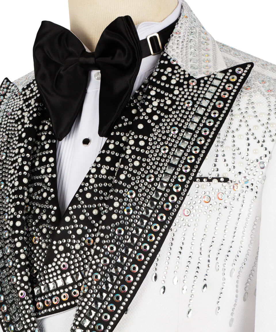 KOSS ATELIER handmade silver tuxedo for men, white jacket with black crystal studded lapel and bow tie