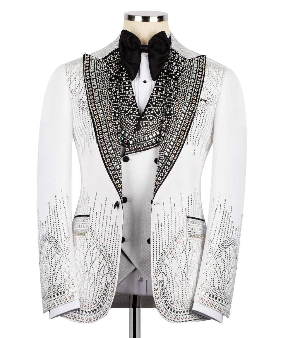 handmade silver tuxedo for men by KOSS ATELIER white jacket with black jeweled lapel bow tie and vest
