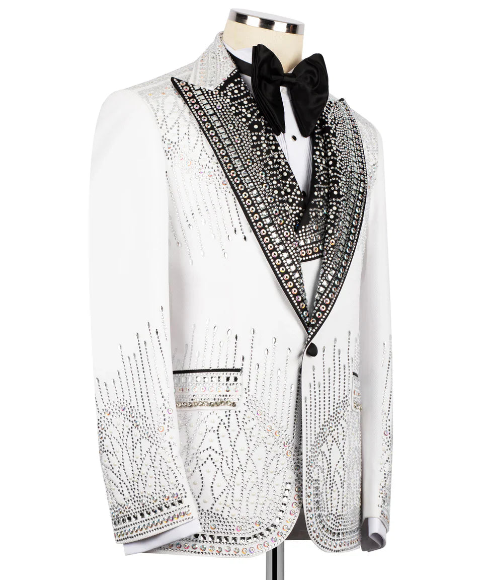 KOSS ATELIER handmade silver tuxedo for men white embellished jacket with black crystal shawl lapel and bow tie