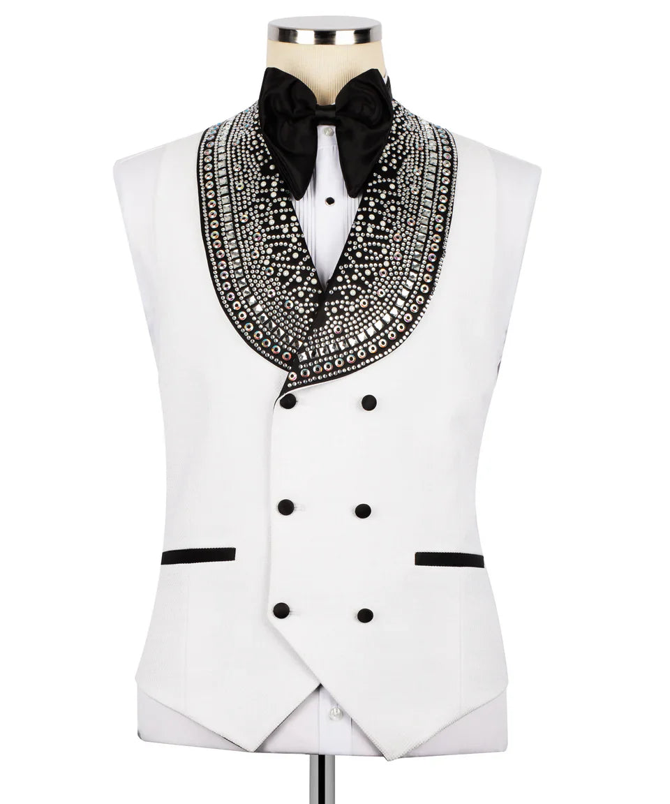 KOSS ATELIER handmade silver tuxedo for men white double breasted vest with embellished shawl collar and black bow tie
