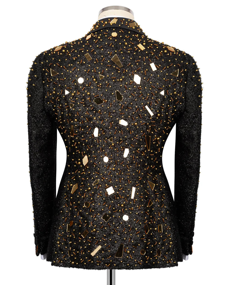 KOSS ATELIER handmade black and gold tuxedo jacket back view with beaded texture and gold mirror embellishments