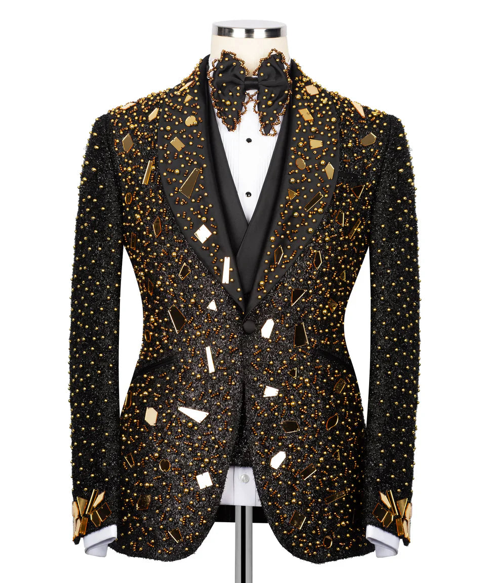 handmade black and gold tuxedo by KOSS ATELIER ornate beaded jacket with gold mirror embellishments