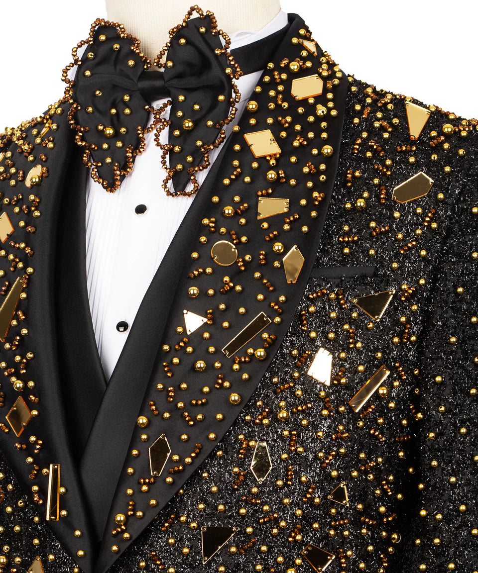KOSS ATELIER handmade black and gold tuxedo jacket with beaded bow tie and mirrored gold embellishments