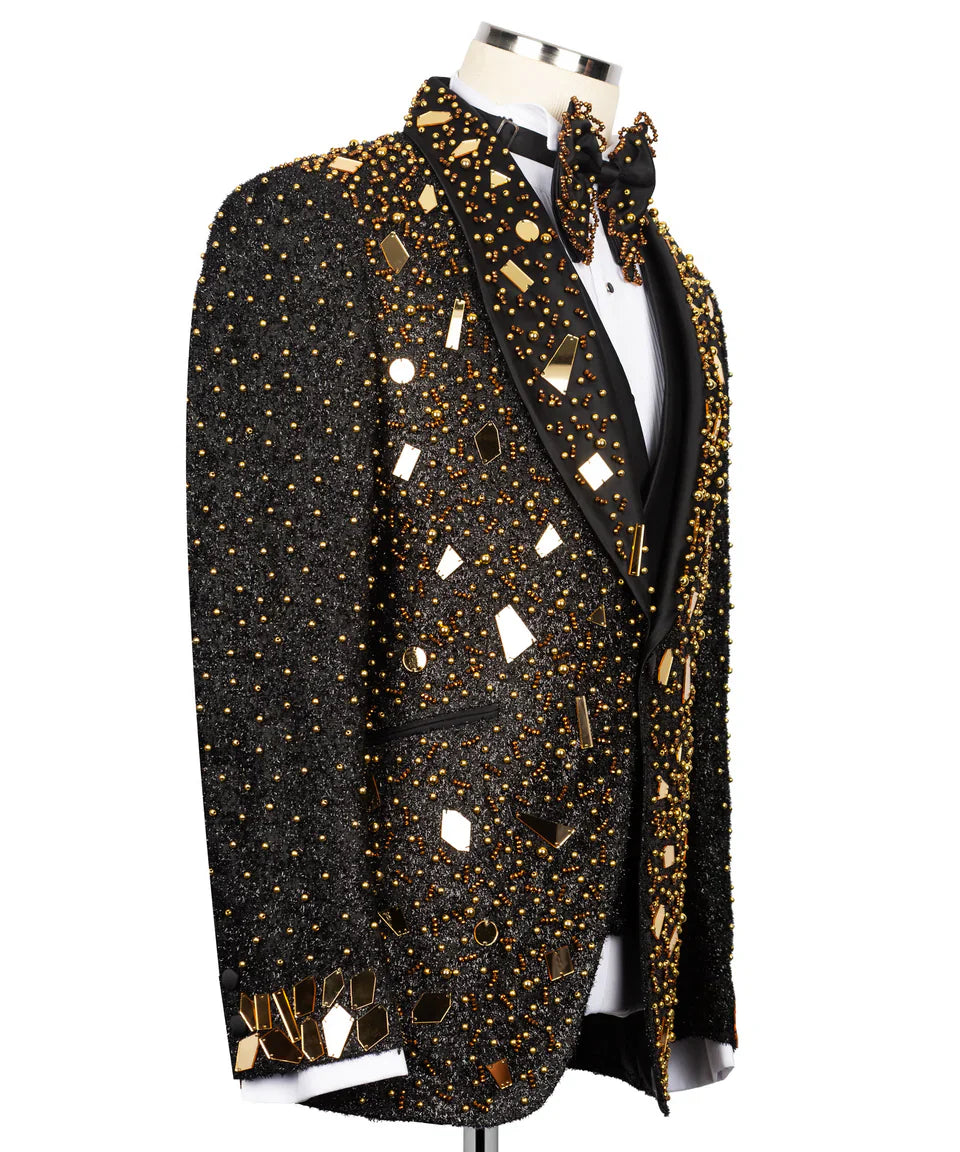 KOSS ATELIER handmade black and gold tuxedo jacket with intricate beading mirrors and bow tie