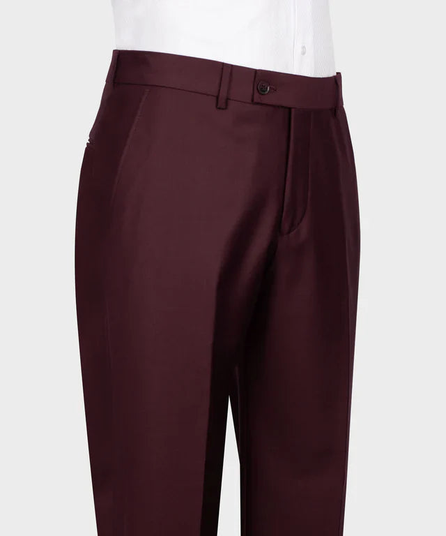 KOSS ATELIER burgundy double breasted tuxedo trousers shown with white dress shirt