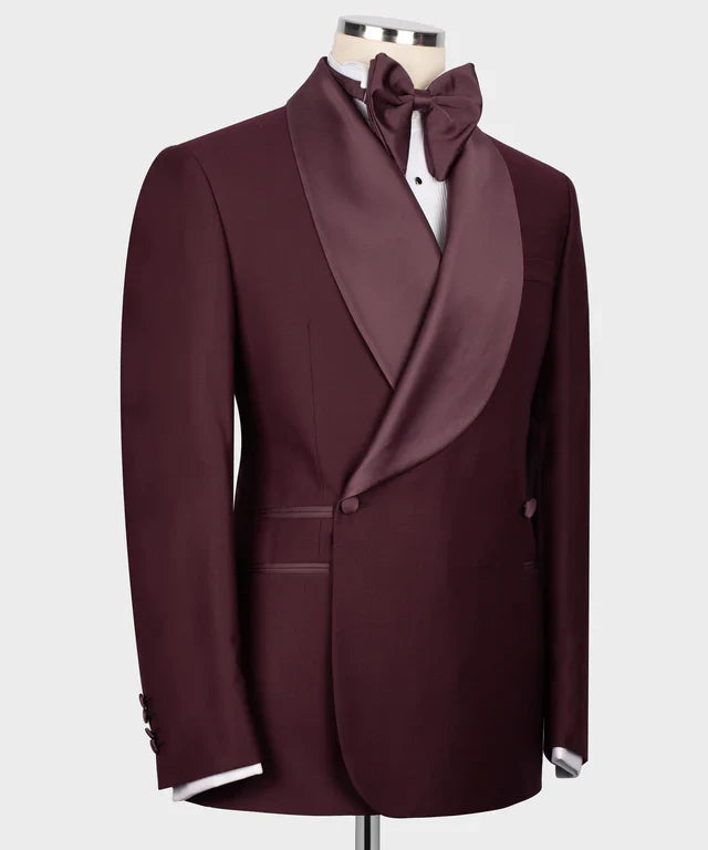 KOSS ATELIER burgundy double breasted tuxedo jacket with satin shawl lapels and matching bow tie