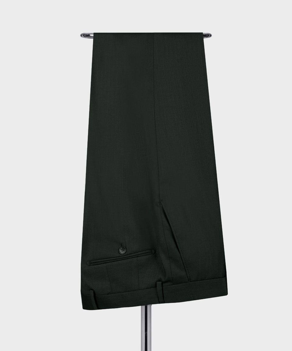 KOSS ATELIER deep green three piece suit trousers folded on hanger showing cuff and pocket details