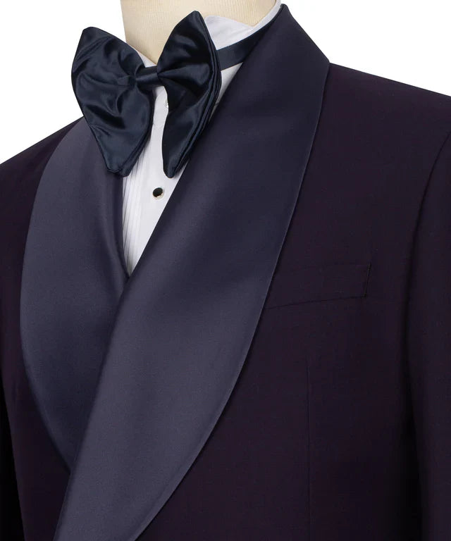 KOSS ATELIER dark purple double breasted tuxedo with wide satin shawl lapel and matching satin bow tie