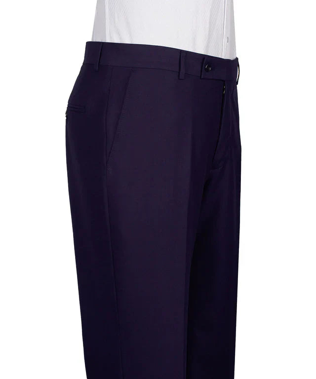 KOSS ATELIER dark purple double breasted tuxedo trousers on mannequin with flat front and side pockets