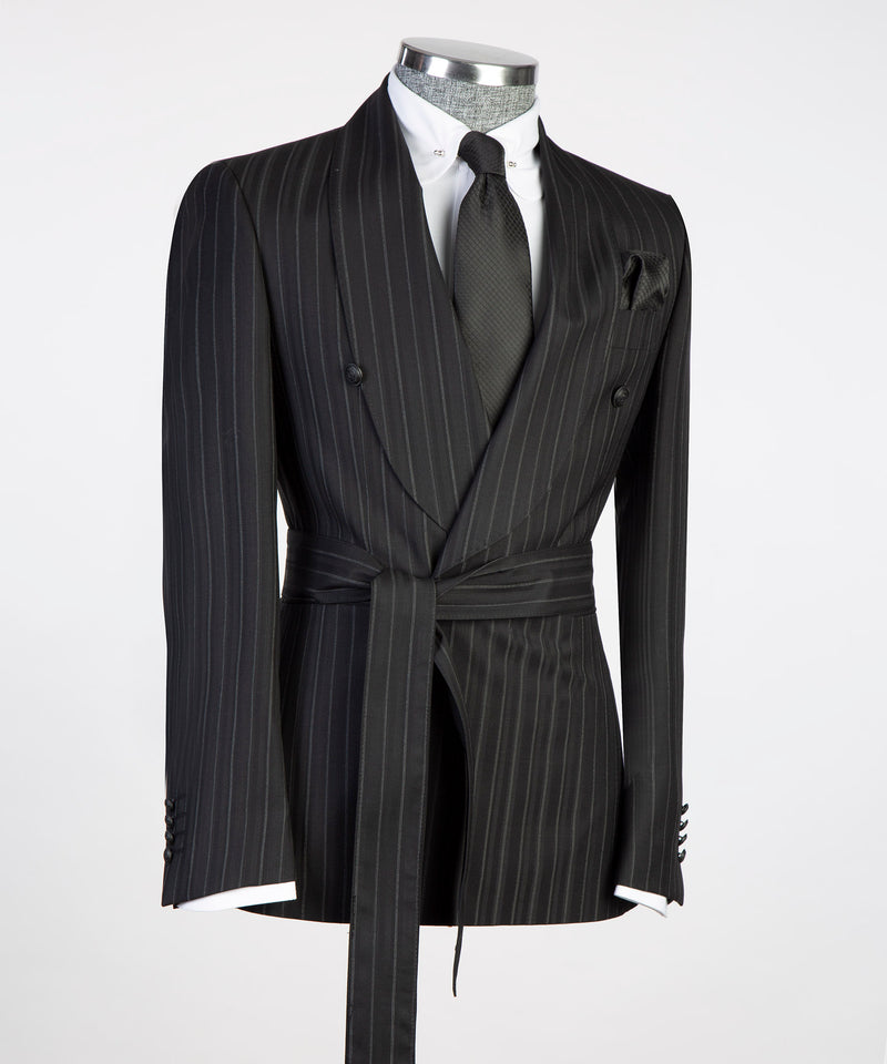 Black Pinstripe Belted Suit