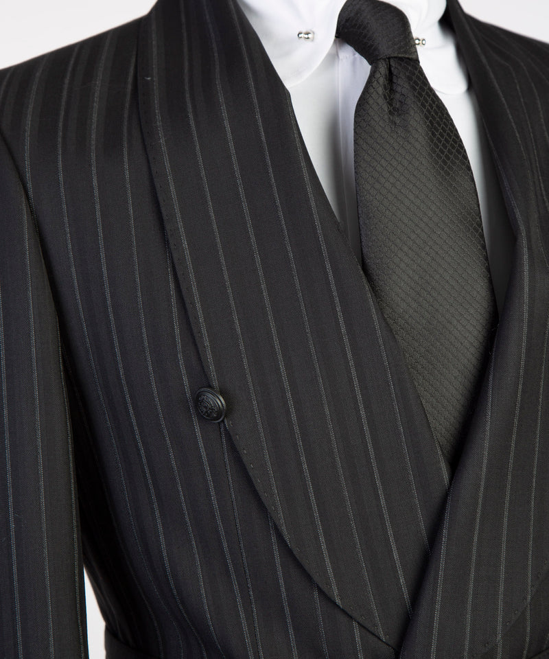 Black Pinstripe Belted Suit