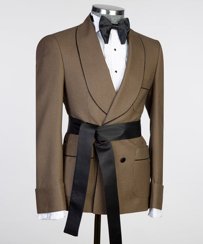 Two-Piece Belted Brown Silk-Wool Suit