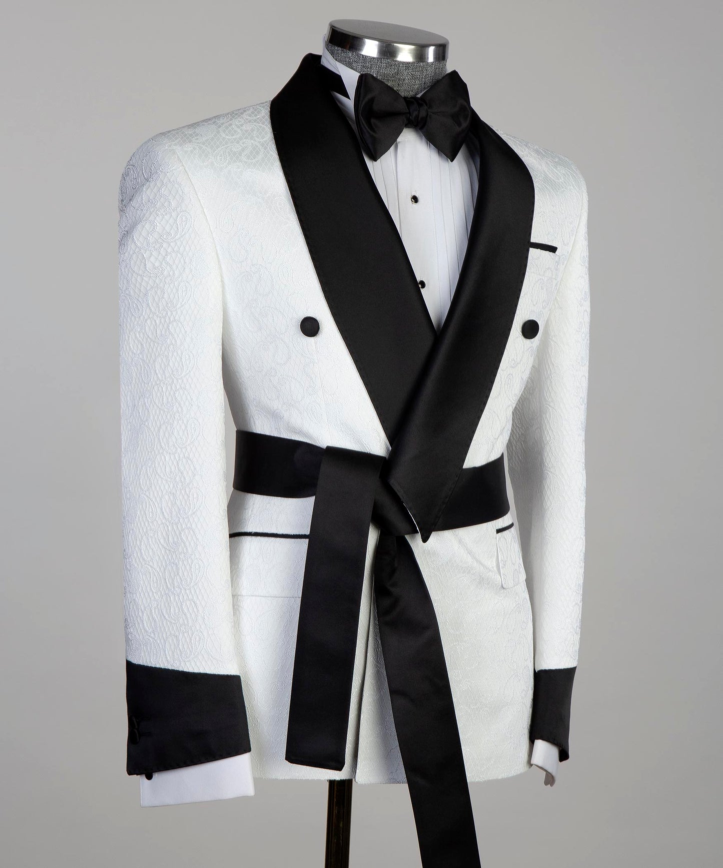 White Belted Tuxedo With Black Lapel