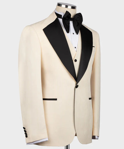 Cream Tuxedo with Black Satin Collar – Bold Contrast