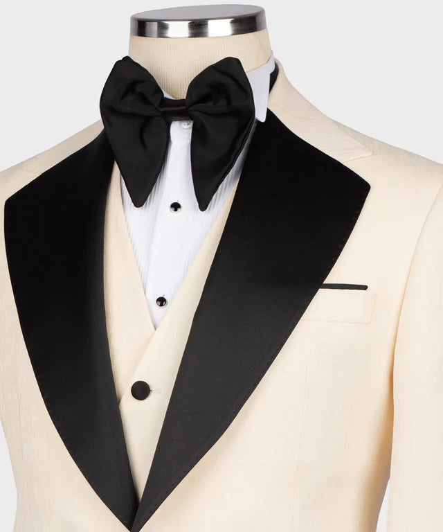 Cream Tuxedo with Black Satin Collar – Bold Contrast