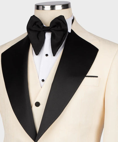 Cream Tuxedo with Black Satin Collar – Bold Contrast