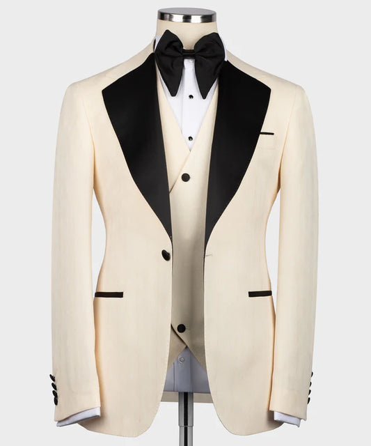 Cream Tuxedo with Black Satin Collar – Bold Contrast