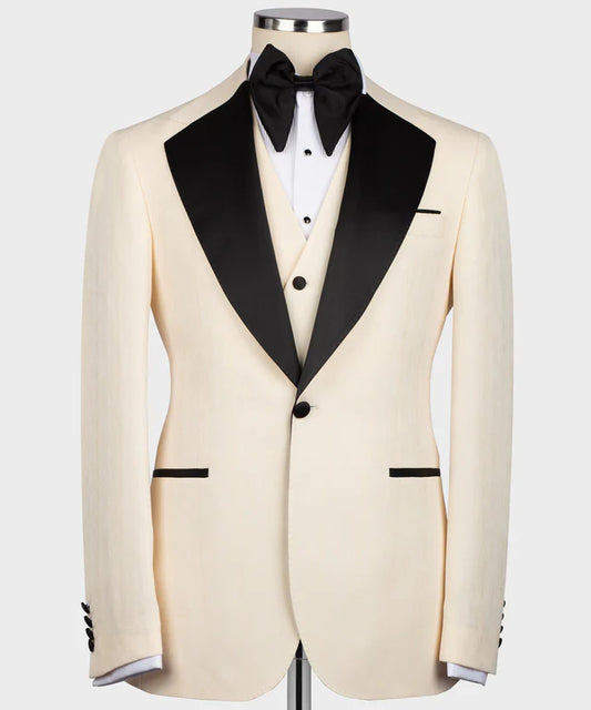 Cream Tuxedo with Black Satin Collar – Bold Contrast