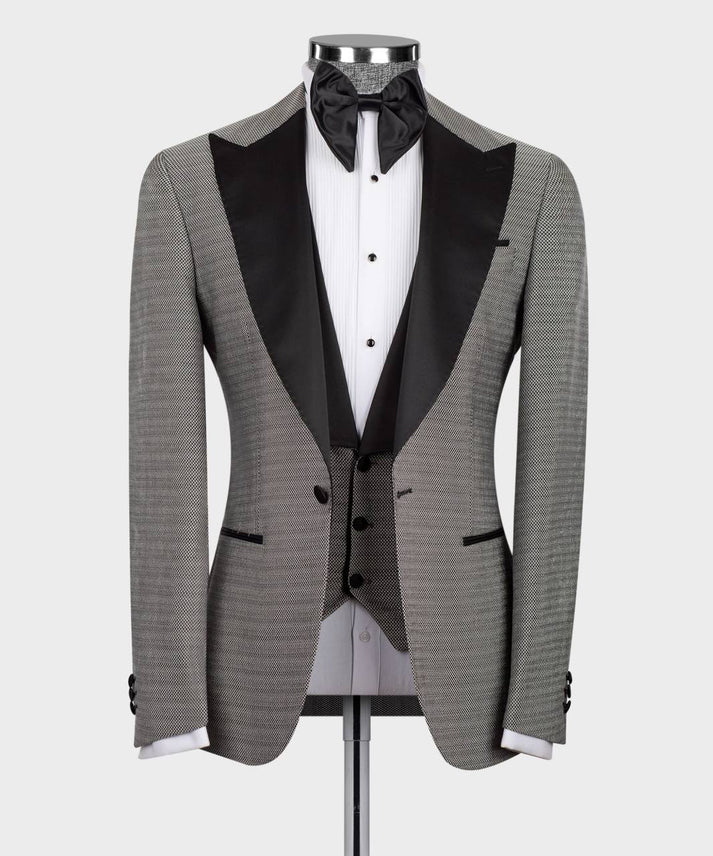 3 Piece Grey Tuxedo Suit Black Lapel