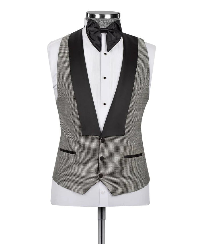 3 Piece Grey Tuxedo Suit Black Lapel