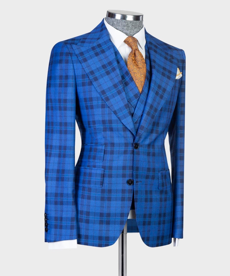 3 Pieces Blue Plaid Suit