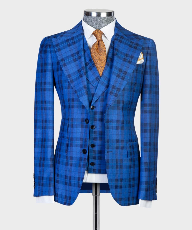 3 Pieces Blue Plaid Suit