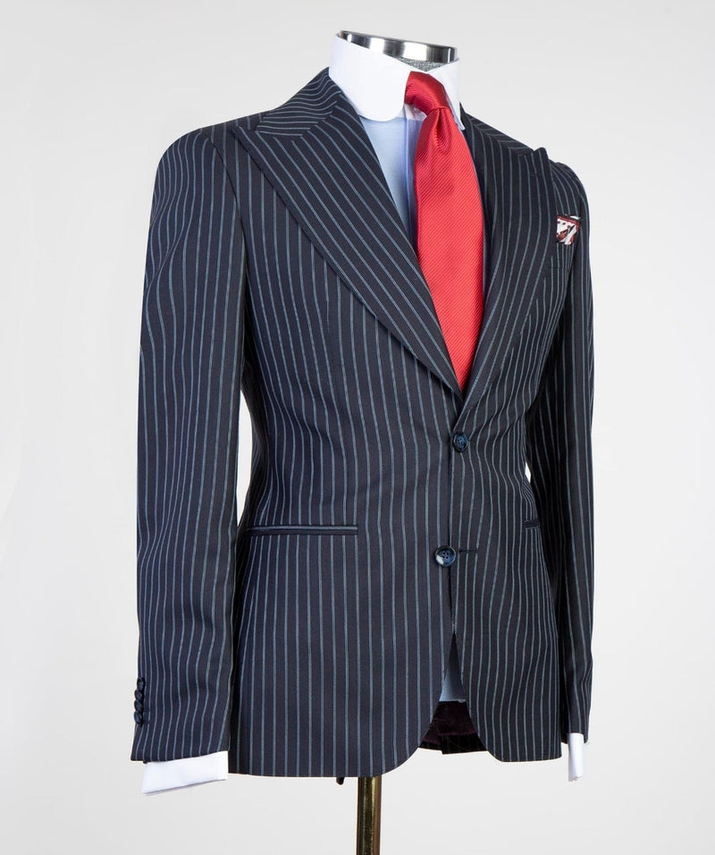 3 Pieces Striped Mens Black Business Suit