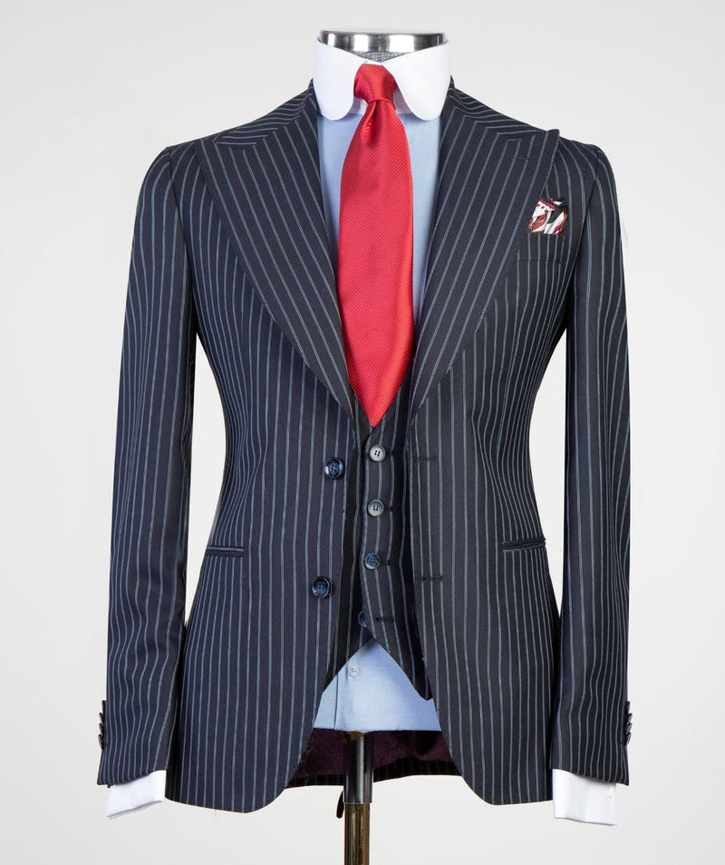 3 Pieces Striped Mens Black Business Suit