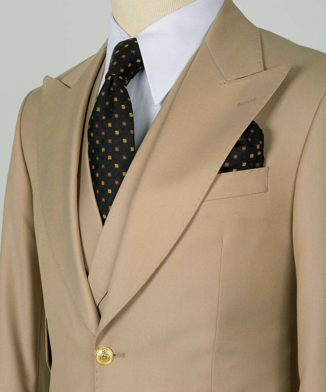 Beige 3 Piece Wool Suit with Gold Button