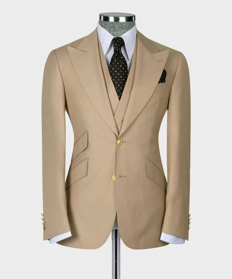 Beige 3 Piece Wool Suit with Gold Button