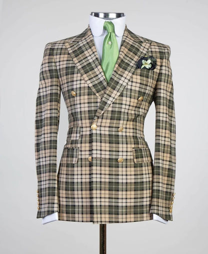 Beige Check Double Breasted Suit