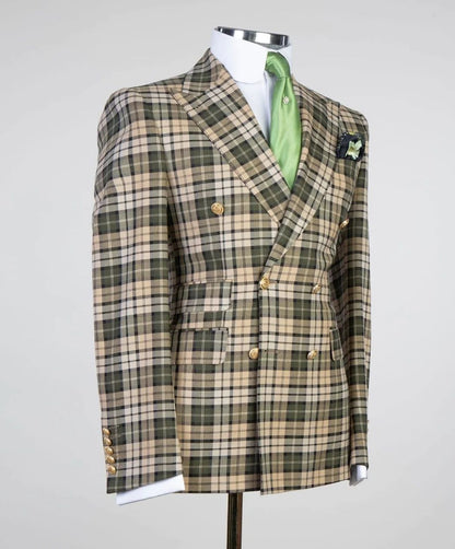 Beige Check Double Breasted Suit