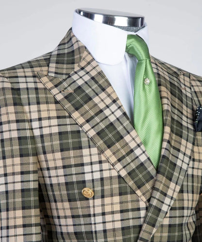 Beige Check Double Breasted Suit