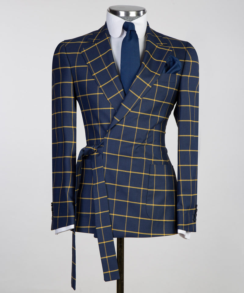 Belted Navy Blue Check Suit