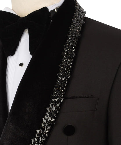 Black tuxedo with a bow tie and decorative lapel on a mannequin.