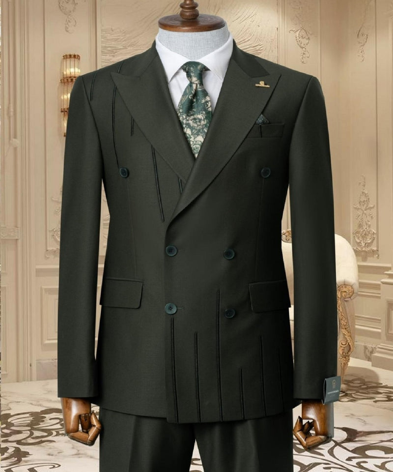 Black Embroidered 2-piece Slim Fit Dark Green Suit