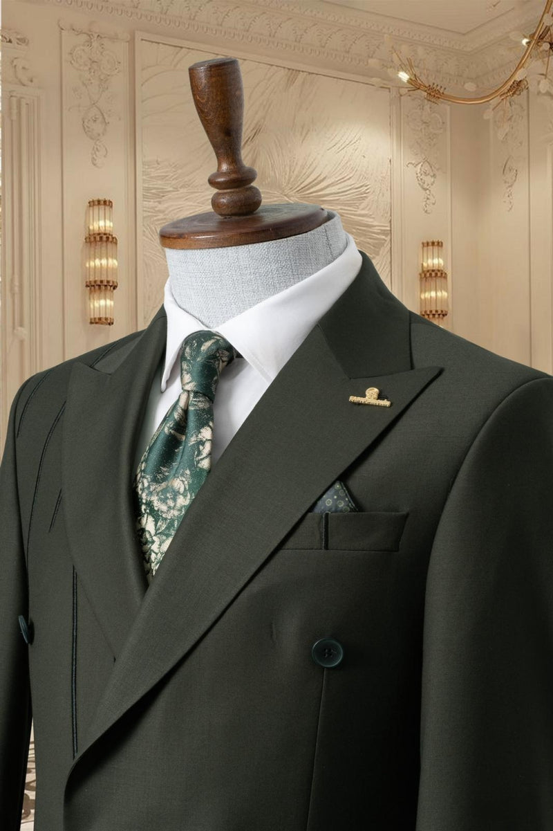 Black Embroidered 2-piece Slim Fit Dark Green Suit