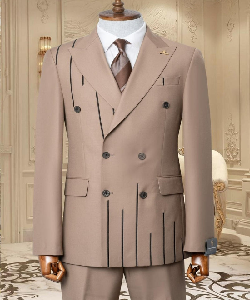 Black Embroidered 2-piece Slim Fit Light Brown Suit 